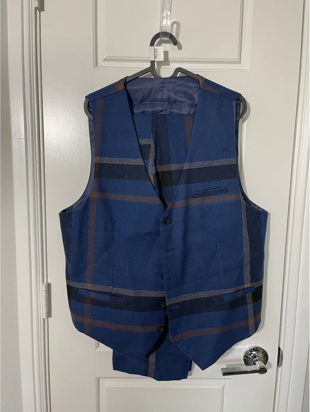 Mage Male Suits for Men Size LG Navy Blue Plaid 3 Pieces M586